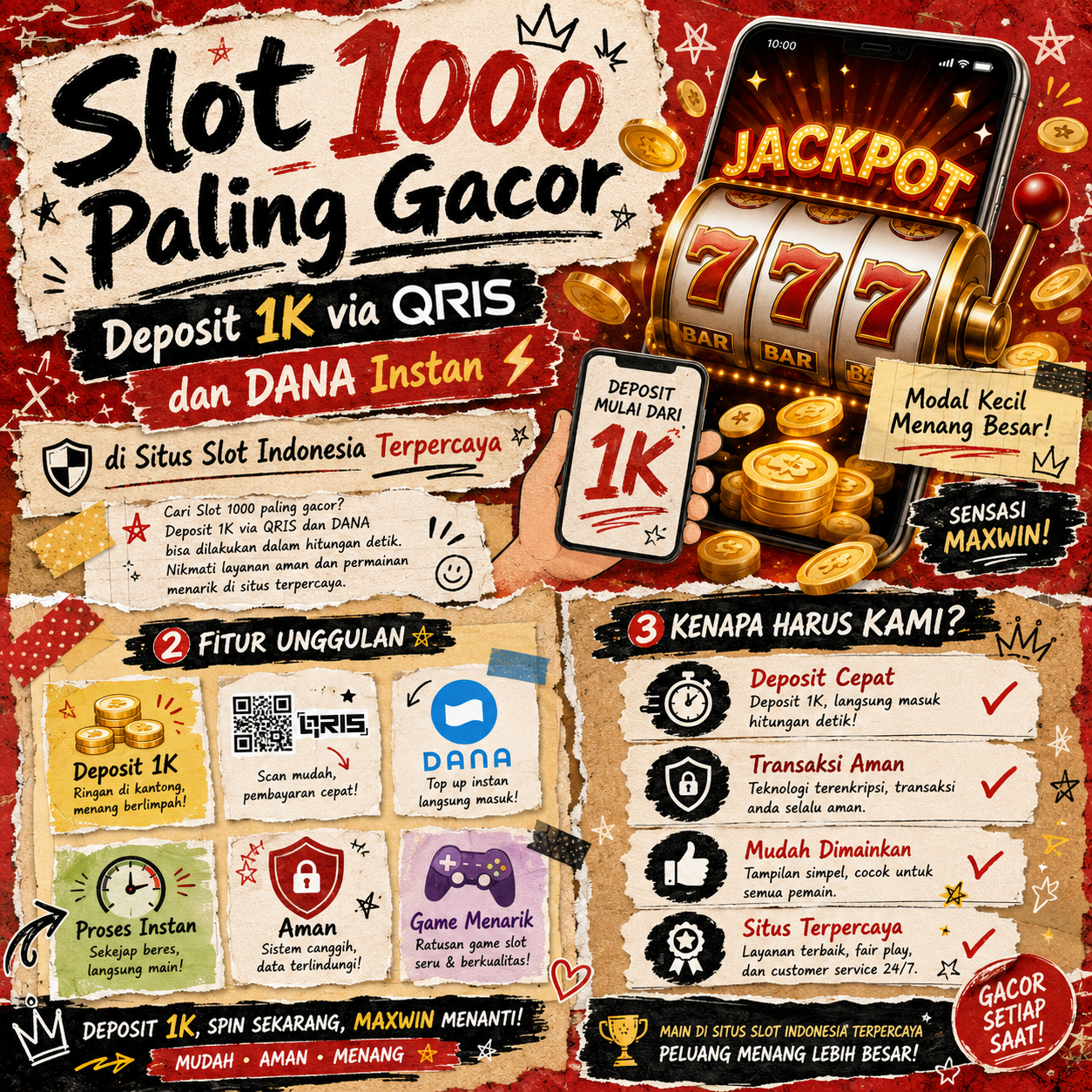 Slot 1000 Paling Gacor Deposit 1K via QRIS dan DANA Instan di Situs Slot Indonesia Terpercaya.
